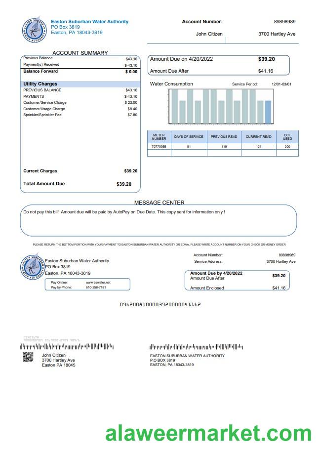 USA Eastern Suburban Water Authority utility bill template in Word and PDF format